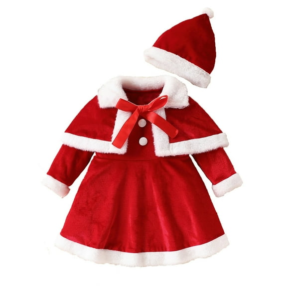 shqvo Toddler Baby Girls Christmas Outfit Kids Santa Claus Dress Furry Plush Patchwork Red Cape Jacket Long Sleeve Velvet Princess Dress Coat with Hat 2Pcs