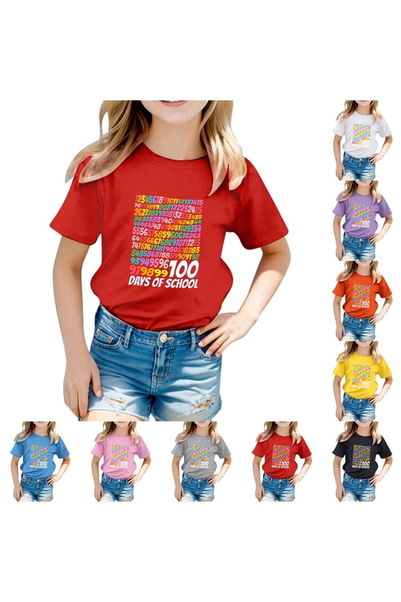 Toddler Shirts Girls 3t 100th Day Of School Graphic Short Sleeve T-Shirts School Spirits Comfy Vacation Tops T-Shirts Toddler To Big Kid