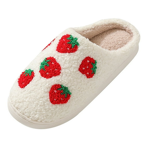 shqvo Unisex Winter Warm Slippers for Home Strawberry Print Slippers Non- Sole Thermal -Lined Indoor Outdoor Slides for Women and Men Home Use Fuzzy Slippers for Home
