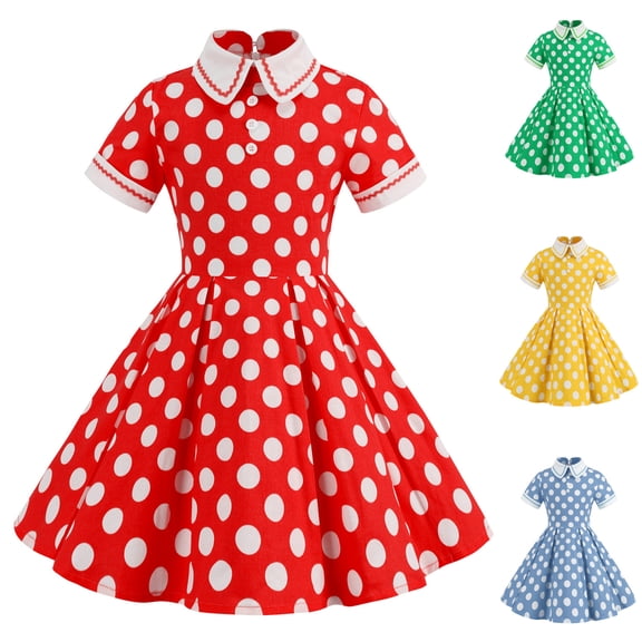 shqvo Vintage Dresses for Girls Collar 1950s Polka Dot Dress Kids Audrey Hepburn Rockabilly 50's Style Themed Party Outfits