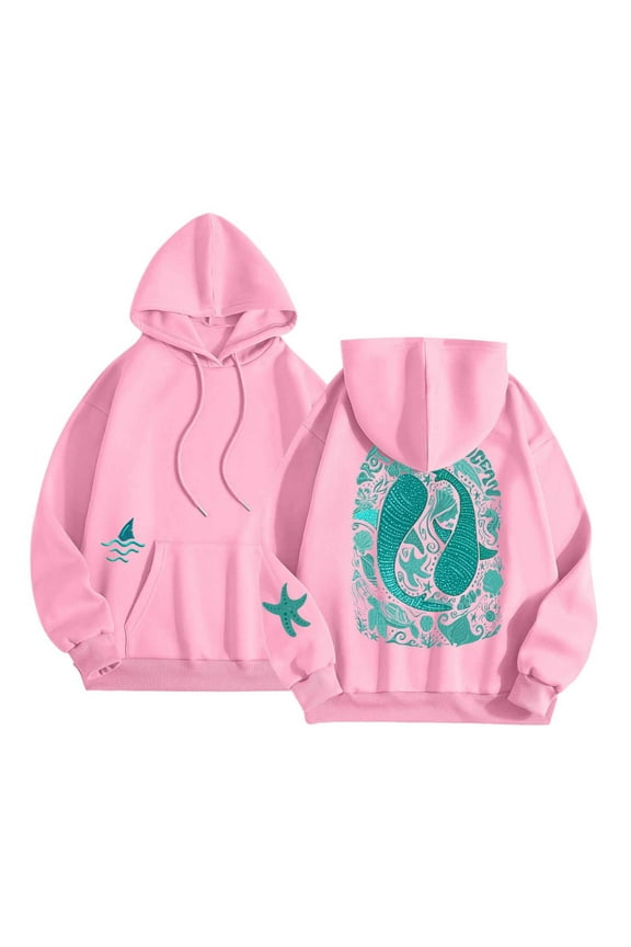 shqvo Whale Shark Hoodies for Women Ocean Graphic Preppy Sweatshirts Oversized Y2k Pullover Tops Long Sleeve Hooded Sweatshirt Beach Vacation Clothes for Women