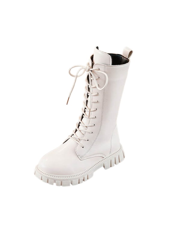 White Boots for Girls Lace-up Combat Boots with Side Zipper, Knee-High Lug Sole Pu Leather Dress/School Boots – Toddler/Little/Big Kids