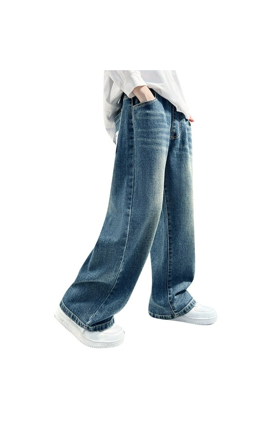 Wide Leg Jeans for Boys Size 14 High Waisted Straight Leg Wide Leg Denim Pants Boys Loose Casual Baggy Fashion Trousers Streetwear with Pockets Dark Blue 6-7 Years