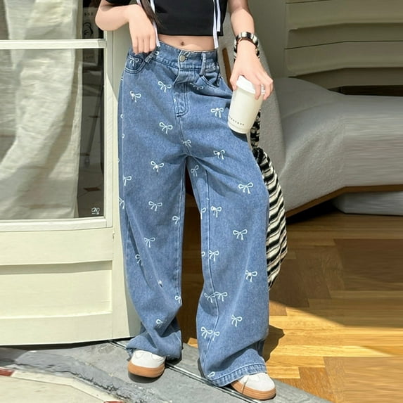 shqvo Wide Leg Jeans for Girls Bow/Heart/Star Print Baggy Plain Denim Pants Loose Straight Leg Girls Jeans Casual Trousers Cute Peppy Clothes for Kids Valentines Gifts for Kids Classroom