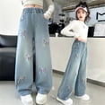 thumbnail image 1 of shqvo Wide Leg Jeans for Girls Bow/Heart/Star Print Baggy Plain Denim Pants Loose Straight Leg Girls Jeans Casual Trousers Cute Peppy Clothes for Kids Teens Valentines Gifts for Kids Classroom, 1 of 10