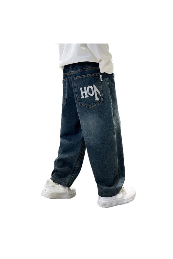 Wide Leg Jeans for Boys High Waisted Plain Baggy Jeans Boy Loose Fit Classic Fashion Trousers Streetwear with Pockets Dark Blue 110/XL