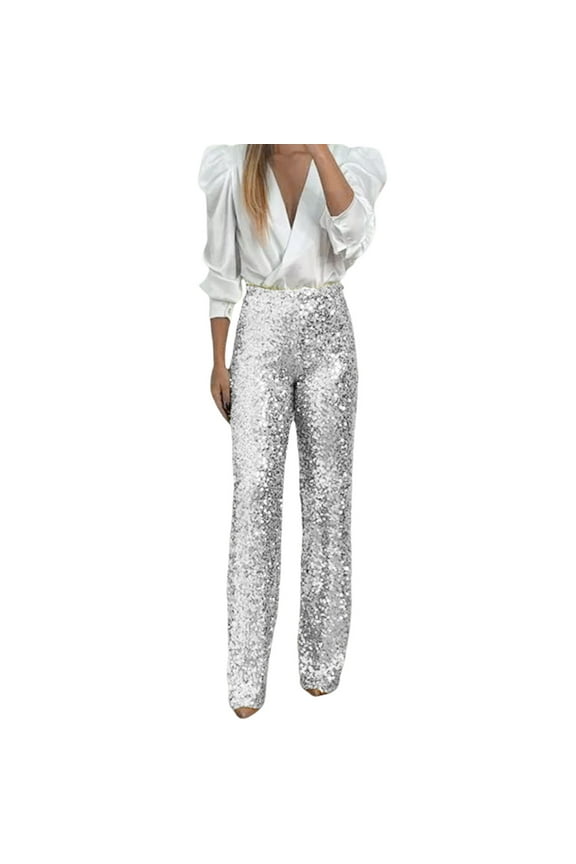 Women Pants Sequin Long Flared Leggings High Waisted Sparkly Glitter Loose Wide Leg Trousers Shiny Clubwear Bell Bottoms