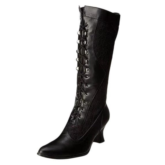 shqvo Women Victorian Vintage Knee High Boots Kitten Heel Pointed Toe Lace Up Knee Length Boots Pull On Long Boot Cowboy Boots for Women