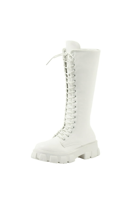 Women White/Black Boots Lace Up Side Zipper Booties Mid Calf Combat Boots Comfy Shoes Festival Riding Shoes