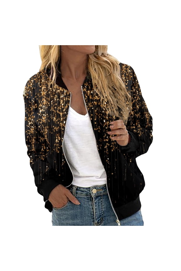 Women's Bomber Jacket Long Sleeve Blazer Glitter Front Zip With Pockets Casual Sparkly Party Outerwear Lightweight Loose Casual Fall Coats Full Zipper Sweatshirt