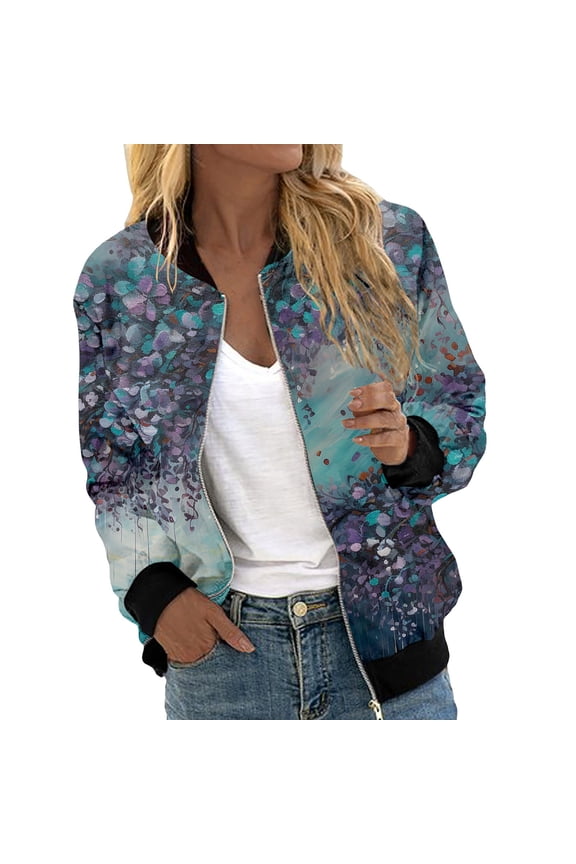 Women's Bomber Jacket Long Sleeve Blazer Glitter Front Zip With Pockets Casual Sparkly Party Outerwear Lightweight Loose Casual Fall Coats Full Zipper Sweatshirt