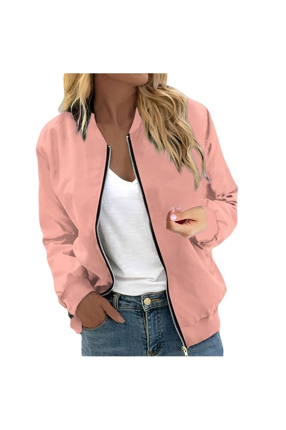 Women's Casual Bomber Jacket Long Sleeve Zip Up Outerwear Loose Fit Stylish Plain Coat For Spring Autumn Daily Wear