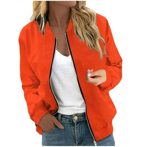 shqvo Women's Casual Bomber Jacket Long Sleeve Zip Up Outerwear Loose Fit Stylish Plain Coat For Spring Autumn Daily Wear