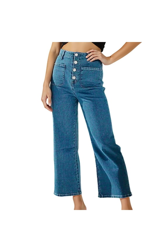 Women's Jeans High Waisted Stretchy Straight Leg Jeans Buttoned Loose Wide Leg Denim Pants with Pocket Sky Blue S