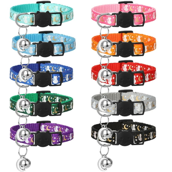 shuaien 10 Pcs Breakaway Cat Collars with Bell, Puppy Id Collars, Moons Stars Cute Kitty Adjustable Safe Kitten Collars with Pendant Glow in The Dark