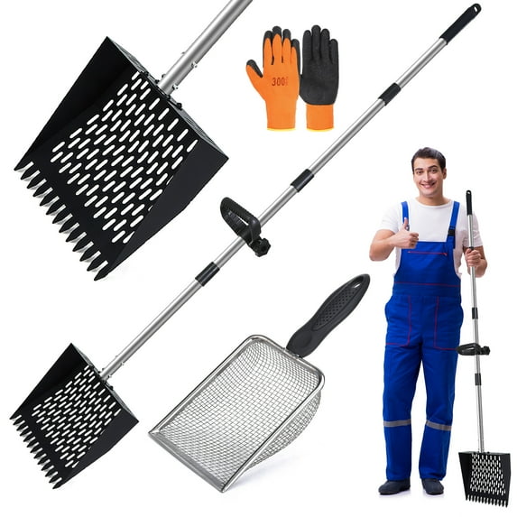 shuaien 2 Pack Poop Scoopers with Glove for Cat Chicken, Short Litter Scoop and Long Metal 10 inches Sand Sifting Shovel with 35" to 62" Adjustable Stainless Steel Handle for Chicken Cat Litter, Sand