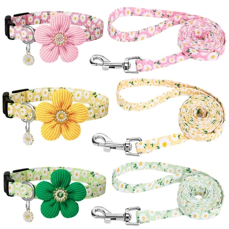 shuaien 3 Pack Floral Dog Collars and Leash Set, Adjustable Puppy Collars for Female Dogs, Unique Collars for Small Dog, Adjustable Length Neck 8-12"