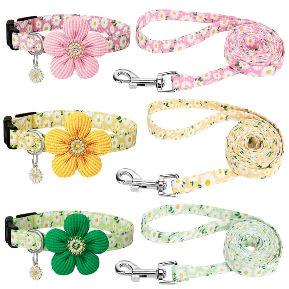 shuaien 3 Pack Floral Dog Collars and Leash Set,  Adjustable Puppy Collars for Female Dogs, Unique Collars for Small Dog, Adjustable Length Neck 8-12"
