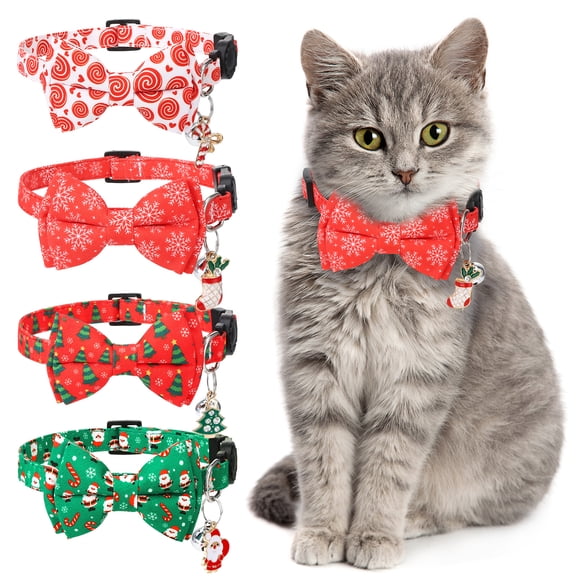shuaien 4 Pack Christmas Cat Bow Tie Collar with Bell, ,Breakaway Kitten Collar for Girl Boy Cats, Adjustable Safety Buckle for Girl Boy Cats Dogs Pets