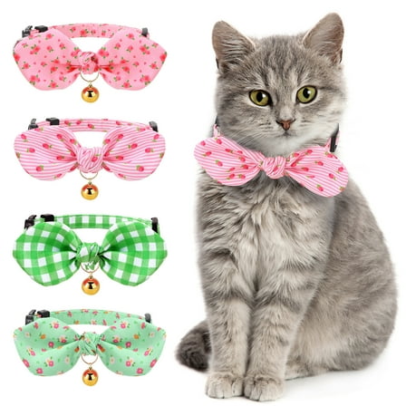 shuaien 4 Pack Cotton Bowtie Cat Collar with Bell,  Adjustable Breakaway Kitten Collars, Pink Girl Cat Collars with Safety Clasp for Kitten