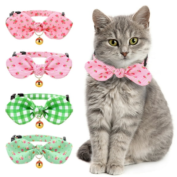 shuaien 4 Pack Cotton Bowtie Cat Collar with Bell,  Adjustable Breakaway Kitten Collars, Pink Girl Cat Collars with Safety Clasp for Kitten