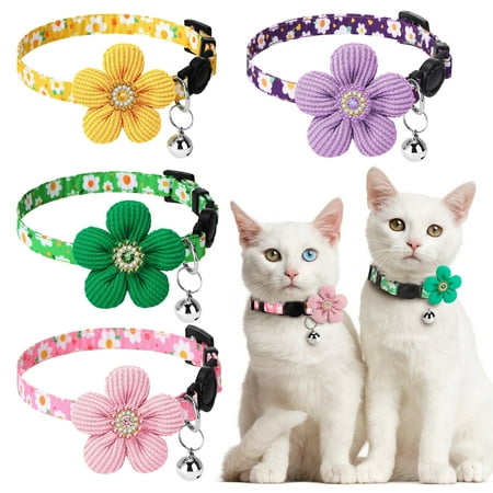shuaien 4 Pack Cute Cat Collar with Bells, Kitten Collars for Girls Cat, 8-12inch Adjustable Breakaway Kitten Collars, Kitten Supplies Flower Cat Collar