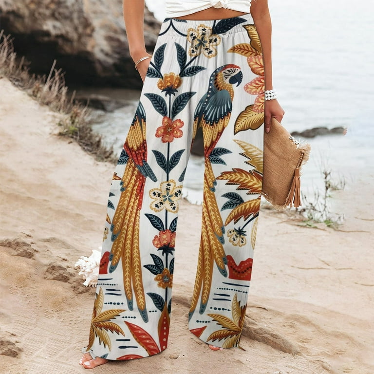 shucnskos Business Casual Outfits for Women Women s Casual And Fashionable Beach Elastic Waist Wide Leg Pants with Colorful Floral Print Pockets Yellow Walmart