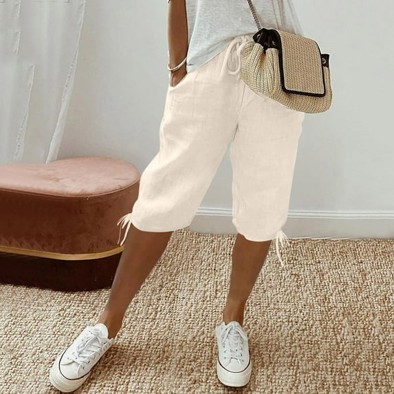 shucnskos Shorts for Women, Women's Knee Length Short Pants Ladies Loose Drawstring Casual Solid Color Shorts, Beige