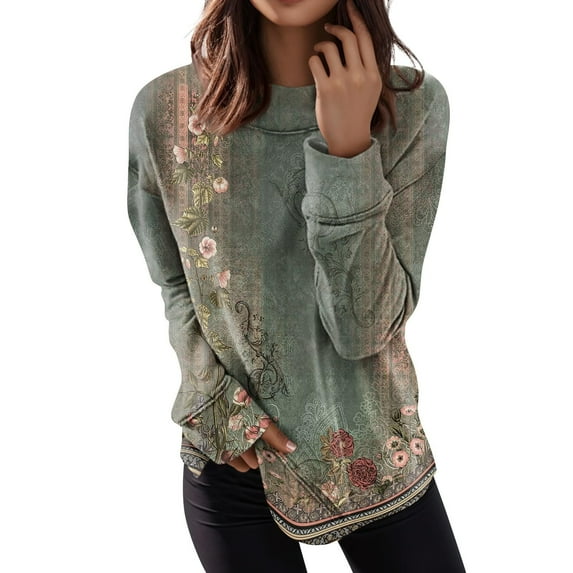 shucnskos Thermal Underwear for Women, Long Sleeve Shirts Plus Size Tops Dressy Casual Blouses for Women Crewneck Loose Fit T Shirts Trendy Tunics, Green-M Lady Little Terry Sweatshirt