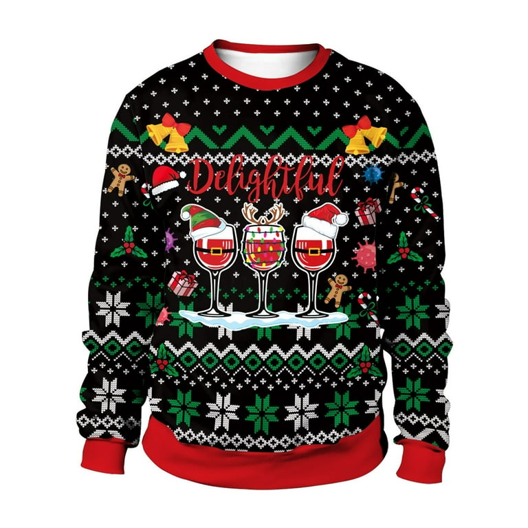 shucnskos Ugly Christmas Sweater Men Men s Round Neck Loose Fitting Christmas Printed Sweater Black 4XL