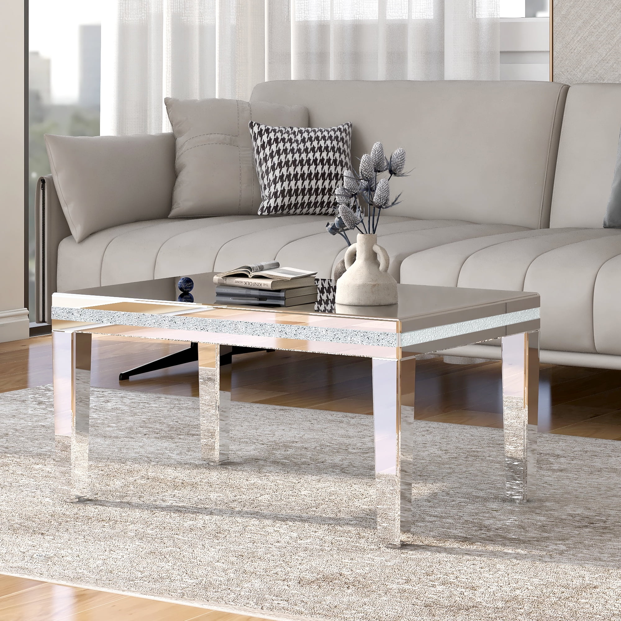 shunda K Fashionable Modern Glass Mirrored Coffee Table, Easy Assembly ...