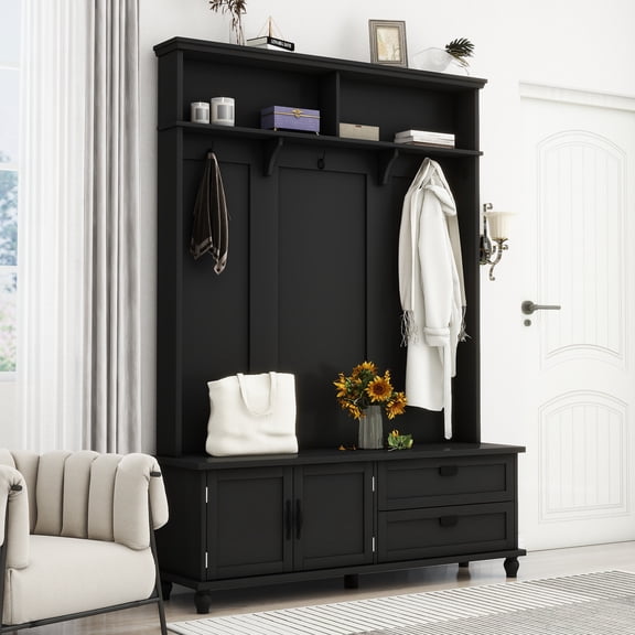 shunda K Modern Style Hall Tree with Storage Cabinet and 2 Large Drawers, Widen Mudroom Bench with 5 Coat Hooks, Black