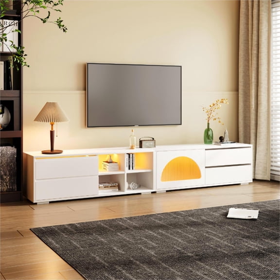 shunda K Modern TV Stand for TVs Up to 100", Entertainment Center, Media Console with Sliding Door & 2 Drawers and LED Light for Living Room, Bedroom, White