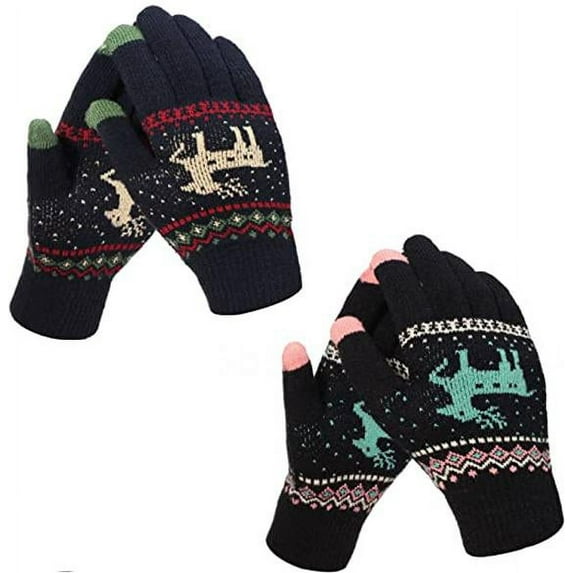 Shuwee 2 Pairs Winter Touch Screen Gloves Deer Fleece Lining Cozy Mittens Warm Knitted Christmas Stocking Stuffers