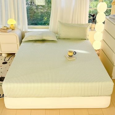shyuyusa Fitted Sheet Washed Cotton White And Yellow Checkered Plaid Bottom Sheet ,Soft,Breathable,Easy Care