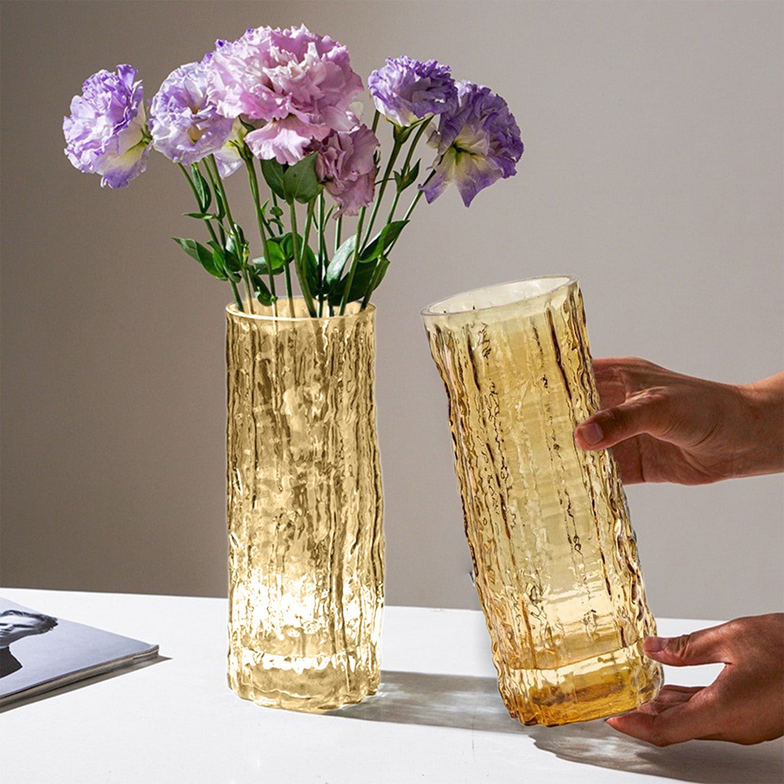 shyuyusa Glacier Glass Flower Vases for Bouquet,Modern Aesthetic Ribbed ...
