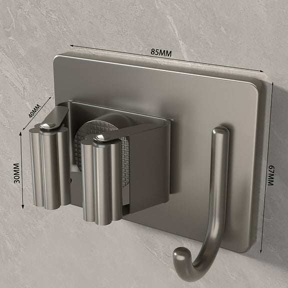 shyuyusa Mop Broom Holder No Drill, Mop Broom Organizer Wall Mounted Heavy Duty with Hooks Hanger, Self Adhesive Stainless Steel for Bathroom, Kitchen, Office