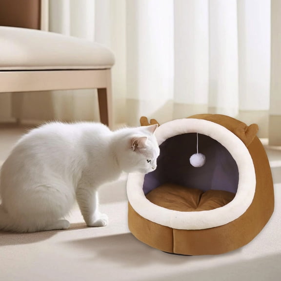 shyuyusa Semi Enclosed Cat Cave Bed With Plush Balls Soft Comfortable Washable Mat For Cats Dogs Pets Sleeping Resting Cozy Hideaway