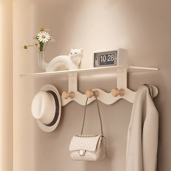 shyuyusa Wall Hooks With Shelf Coat Rack Wall Mount With 6 Hooks Entryway Hanging Shelf With Storage For Bathroom, Living Room, Bedroom, Modern Floating Wall Shelves With Hooks (Cream White)
