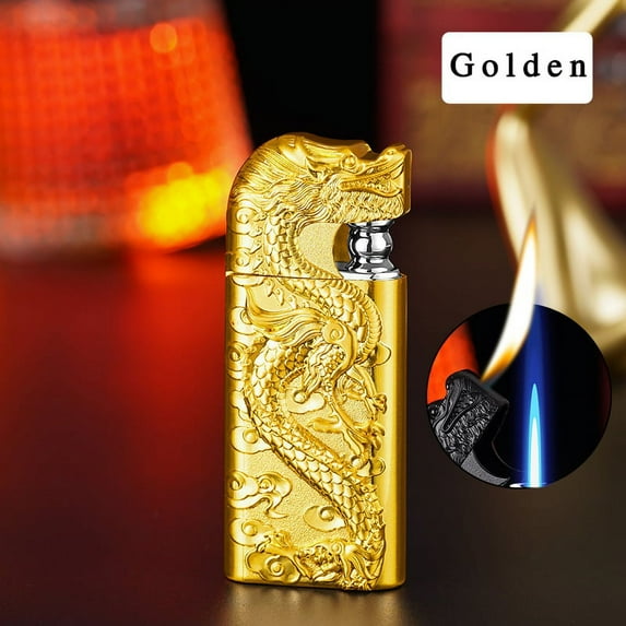 shyuyusa Windproof Double Flame Inflatable Lighter Double Fire Direct Conversion Open Flame Inflatable Lighter Metal Three-dimensional Relief Dragon Men's Lighter