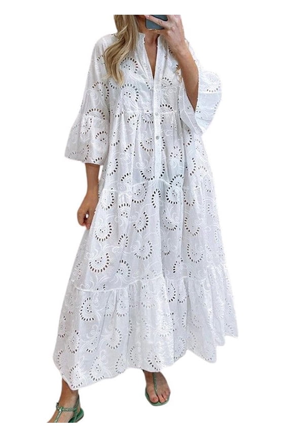 Women's White Cotton Solid Color Lace Eyelet Embroidery V-Neck Maxi Dress Short Sleeve Boho Flowy