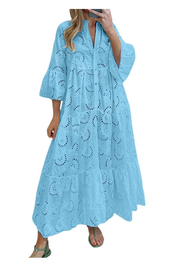 Women's Blue Cotton Solid Color Lace Eyelet Embroidery V-Neck Maxi Dress Short Sleeve Boho Flowy