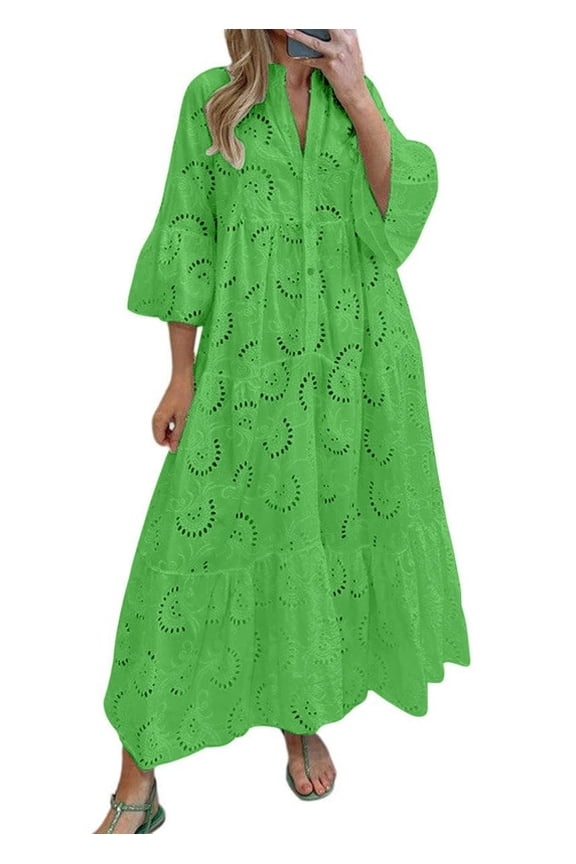 Summer Loose Solid Color Lace Eyelet Dresses for Women Casual Embroidery Maxi V-Neck Trumpet 3/4 Sleeve Boho Flowy Swing Dresses