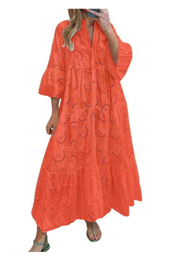 Women's Red Cotton Solid Color Lace Eyelet Embroidery V-Neck Maxi Dress Short Sleeve Boho Flowy