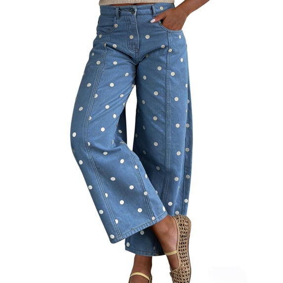 sicmoss Women's Blue Polka Dot Barrel Jeans Mid Rise Vintage Denim Pants with Pockets