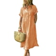 thumbnail image 1 of sicmoss Summer Women's Orange Striped Cotton Short Sleeve Shirt Dress Midi Long Relaxed Fit with Button-Down Collar, 1 of 4