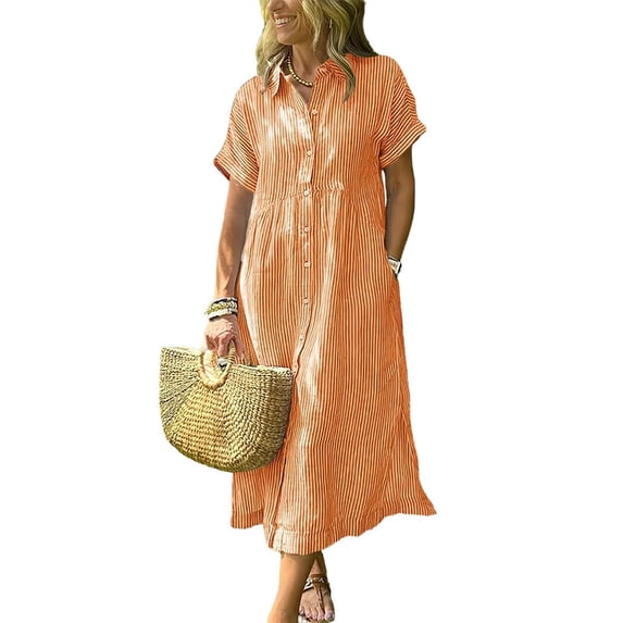 sicmoss Summer Women's Orange Striped Cotton Short Sleeve Shirt Dress Midi Long Relaxed Fit with Button-Down Collar
