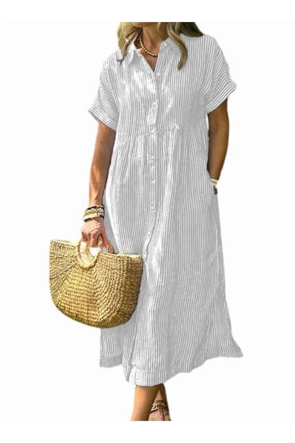 Summer Women's White Striped Cotton Short Sleeve Shirt Dress Midi Long Relaxed Fit with Button-Down Collar