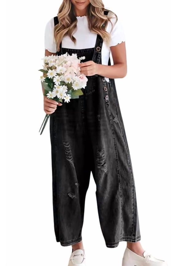 Women Loose Adjustable Strap Denim Bib Overall Jeans Black Distressed Wide Leg Baggy Overalls Jumpsuit