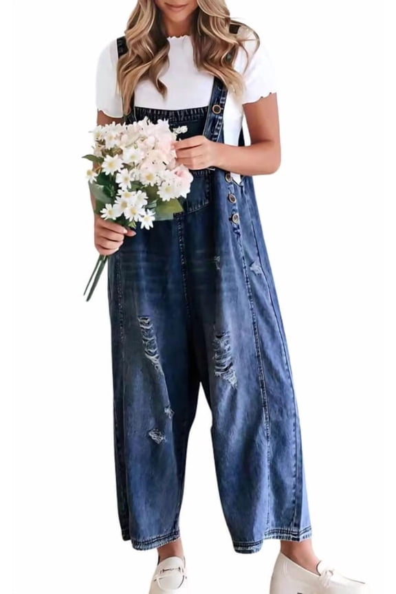 Women Loose Adjustable Strap Denim Bib Overall Jeans Blue Distressed Wide Leg Baggy Overalls Jumpsuit